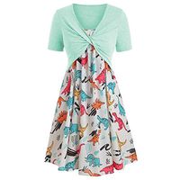 Womens Floral Print Midi Dresses Sleeves Bow Knot Bandage Suit Summer Casual Cover Up Vintage Straps Mini A-Line Tshirt Dress Loose Swing Flowy Pleated Floral Sun Dress