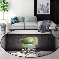Grey Round Kids Rugs,Concrete Room With A Hole In The Wall And Exit To Freedom Escape Destruction Theme Non Skid Nursery Kids Area Rug For Bedroom Machine Washable Round-59 Inch,Grey Green