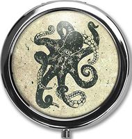 Swim Octopus Custom Round Black Pill Case Pocket 2.1 inches Medicine Tablet Holder Organizer Case for Purse/Three-Compartment Pill Box/Black Pill Case