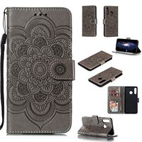 Cfrau Wallet Case with Black Stylus for Huawei P30 Lite,Beautiful Mandala Sunflower Embossed PU Leather Magnetic Flip Stand Soft Silicone Card Slots Case with Wrist Strap - Gray