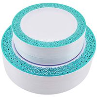 Semper-KIK 100 pieces Teal Disposable Plastic Plates- Lace Design Wedding Party Plastic Plates include 50 Plastic Dinner Plates 10.25 inch, 50 Salad/Dessert Plates 7.5 inch (Teal Lace Plates)