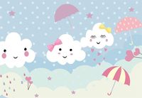 Laeacco 7x5ft Cute Clouds Background Cartoon Vinly Photography Backdrop Smilling Face Eye Pink Umbrella Stars Blue Sky Rain Drops Dots Sweet Girls Baby Children Portratis