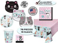 Cat Themed Birthday Party Supplies for 16 - Dessert and Dinner Plates, Napkins, Cups, Tablecover, Thank You Stickers and Checklist - Premium Strength - Kittens Cats, PURR-fect (Deluxe - 16 SERVINGS)
