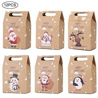 CCINEE 12 PCS Christmas Kraft Paper Bags, Kraft Cookies and Candy Bags Santa Claus Reindeer Xmas Folding Kraft Bags for Kids Party Favor Holiday New Year
