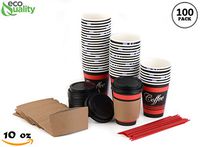 COMBO Set of 100-12oz - Paper Coffee Hot Cups, Black Travel Lids, Sleeves & Stirrers - Disposable Coffee Cups, To Go Travel Mug, Office/Party Pack, Hot/Cold Coffee, Tea & Chocolate, Latte,Cappuccino