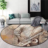 RUGSMAT Music Washable Creative Modern Round Rug,Jazz Musician Playing The Saxophone Solo in The Street On Grunge Background Art Print Coffee Table Mat Non-Skid Living Room Carpet,Round-63 Inch