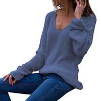 Theoylos Women's Sweater Solid Color Thin Section Knit Long Sleeve Stand Collar Pullover Ladies Loose Casual Sweaters Blue