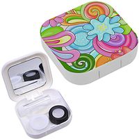 Portable Contact Lens Case Box Travel Kit Mirror + Bottle + Tweezers Container Holder [ Bright Colorful Flowers ]