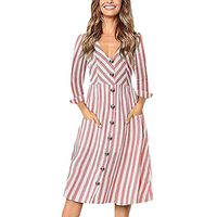 Dacawin Fashion Women Casual Solid Maxi Dress Striped Print Long Sleeve Button Long Dress for Work