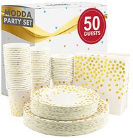 Modda 200Pcs Gold Dot Disposable Paper Plates, Cups, Napkins Set - 50 Dinner and Dessert Plate, 50 Cup and Napkin for Engagement Wedding Birthday Bridal Baby Shower Party, Gold Paper Plates Sets