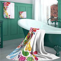 Colorful Hand Towel Set, Paisley Leaves with Floral Elements Inside Carnival Inspired Retro Design Print Design Pattern Bathroom Set, 1 Bath Towels, 1 Hand Towels and 1 Washcloths - Quick Drying!
