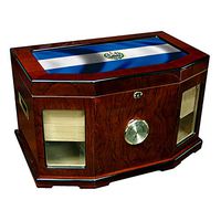 Large Premium Desktop Humidor - Glass Top - Flag of El Salvador (Salvadorian) - Waves Design - 300 Cigar Capacity - Cedar Lined with Two humidifiers & Large Front Mounted Hygrometer.