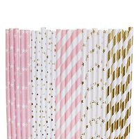 Twinkle Twinkle Little Star Paper Straws (light pink with white star,gold foil small star,light pink stripe,gold foil star,gold foil stripe, 100)