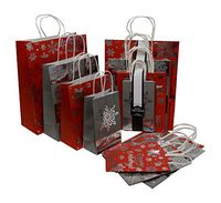 Christmas Gift Bags in 4 Assorted sizes Small Medium Large and X-Large Kraft Paper With Metallic Foil Hot Stamp in Assorted Colors Red, and Silver, for Holiday Gift Giving and Party Favors (Set of 20)