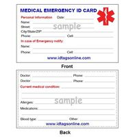 Medical Emergency Wallet Card for Medical Alert Id Bracelets and Dog Tags. 100 Pieces.
