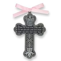 Bless The Child - GUARDIAN ANGEL Baby GIRL Crib Cross 4" PEWTER Medal - CHRISTENING - BABY SHOWER GIFT Baptism KEEPSAKE with PINK RIBBON GIFT BOXED (Original Version)