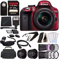 Nikon D3300 DSLR Camera with 18-55mm AF-P DX Lens (Red) + 64GB SDXC Card + Remote + Flash + Cleaning Cloth Bundle 2