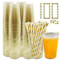 100 gold glitter plastic cups- 12 oz with bonus straws in a candy stripe pattern for weddings and disposable