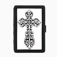Perfection In Style Black Color Metal Cigarette Case Vintage Cross Design 004