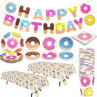 Pandecor Donut Party Supplies - Serves 24 Guests - 99 Pieces Donut Party Disposable Tableware,Includes Happy Birthday Banner Tablecover Napkins 9 Inch Plates 7 Inch Plates and Cups
