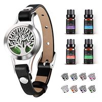 Aromatherapy Essential Oil Diffuser Bracelet - Birthday + Mother's Day Gift Stainless Steel Locket Black Leather Band Jewelry (Lavender, Peppermint, Eucalyptus, Bergamot) ，Gift for Girls/Women