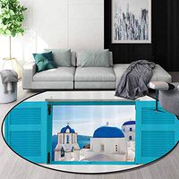RUGSMAT House Decor Small Round Rug Carpet,Window with View of Classical Building with Blue Domes Oia Santorini Greece Door Mat Indoors Bathroom Mats Non Slip,Round-47 Inch