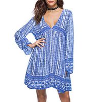HNTDG Fashion Women Sexy Deep V-Neck Summer Beach Bohemian Sundress Loose Short Print Loose Long Sleeve Dress Blue