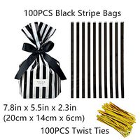 Black Stripe Clear Cello Candy Favor Bags,Cellophane Cookie Treat Plastic Bags,with Gold Twist Ties, Pack of 100