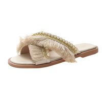 Benficial New Classic Fringed Pearl Slippers Summer Outdoor Fashion Sandals Women Shoes Beige