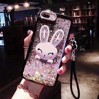 Amocase Liquid Plastic Hard Case with 2 in 1 Stylus for Huawei P30 Lite,Luxury 3D Cartoon Bunny Soft Rubber Bumper Quicksand Bling Glitter Lanyard Strap Case with Rabbit Stand - Pink