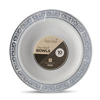 [40 Count - 12 Oz Bowls] Laura Stein Designer Tableware Premium Heavyweight Plastic White Soup Bowl With Silver Designed Border, Party & Wedding Plate Serviette Series Disposable Dishes