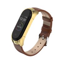 MIJOBS Compatible Xiaomi Mi Band 4, Genuine Leather Replacement Strap Breathable Wristband with Metal Frame Bracelet Accessories for Xiaomi Mi Band 3 Smart Watch Bracelet Wristband (Brown+Gold)
