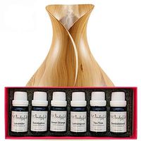 Essential Oil and Diffuser Gift Set - 400 ml Vase Style Diffuser and a 6 piece 10 ml Gift Box of 100% Pure Essential OIls (White Label, 400 ml Light Wood)
