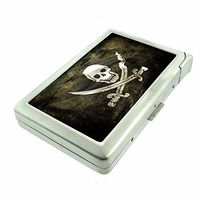 Cigarette Case with Built in Lighter Vintage Pirate Ship Map S7 Smoking King Size Cigarettes Silver Metal Wallet 4" X 2.75" RFID Protection High Seas