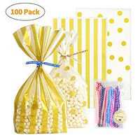 UUSHER Treat Bags with Ties, Gold Candy Favor Bags with 100 4 Inches Twist Ties Pretty Wrappings for Shower Birthday Wedding Gift Giving (Gold Striped and Polka Dot)