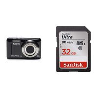 Kodak PIXPRO Friendly Zoom FZ53-BK 16MP Digital Camera with 5X Optical Zoom and 2.7" LCD Screen (Black) & SanDisk 32GB Ultra Class 10 SDHC UHS-I Memory Card Up to 80MB, Grey/Black (SDSDUNC-032G-GN6IN)