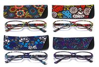 SOOLALA 4-Pair Designer Fashionable Spring Hinge Rectangular Reading Glasses w/Matching Pouch, 4pcs, 1.75