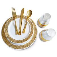 150 pcs Gold Disposable Dinnerware Set, Plastic Silverware, Gold Plastic Silverware, Gold plates, Cups, Forks, Knives, Spoons. For Party, Dinner, Wedding. Flatware