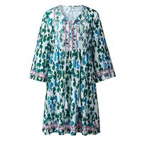 HNTDG Fashion Women Summer Green Long Sleeve V-Neck Printed Sexy Party Beach Dress Bohemia Dress