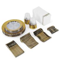 Disposable Dinnerware Set- Plastic Plates Set For Parties & Wedding Includes 25 Of Each In Gold: Clear Dinner & Dessert Party Plates - Silverware Sets- Gold Rimmed Cups + 50 Paper Napkins