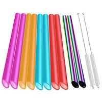 Angled Tips 10 Pieces Reusable Boba Straws and Smoothie Straws, 8 Pieces Reusable Plastic Straws and 2 Pieces Rainbow Stainless Steel Metal Straws with 2 Cleaning Brushes and 1 Straw Case, BPA Free