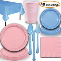 Disposable Party Supplies, Serves 40 - Light Pink and Light Blue - Large and Small Paper Plates, 12 oz Plastic Cups, Heavyweight Cutlery, Napkins, and Tablecloths. Full Two-Tone Tableware Set