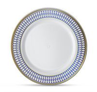 [60 Count - 7" Plates] Laura Stein Designer Tableware Premium Heavyweight Plastic White Appetizer Plate With Blue & Gold Border Plastic Party & Wedding Plate Midnight Blue Series Disposable Dishes