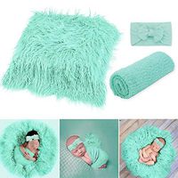 Newborn Photo Props, Fascigirl 3PCS Toddler Photo Blankets Wrap and Headband Long Hair Photography Wrap Shaggy Area Rug Photo Prop Multi-Purpose Swaddle Wrap Photography Mat (Mint Green)