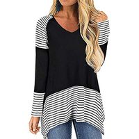 Padaleks Womens Sweatshirt Plus Size Sweaters Jumper Stripe Print V Neck Long Sleeve Pullover Shirts Tunic Tops Blouse Black