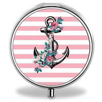 Compact 3 Compartment Medicine Case, IMLONE Customized Pink Stripes Anchor Pill Organizer Metal Pill Box Pill Container for Purse, Travelling and Daily Needs