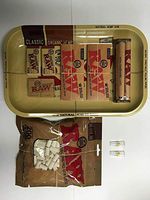Raw Rolling Tray + Raw 110mm Roller + Raw King Size Rolling Papers + Hydrostone Natural Terracotta Humidifying Stone + Rolling Tips +200pc Unrefined Cotton Cigarette Filter, Large Bundle