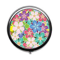 Colorful beautiful Floral Custom Fashion Round Pill Box Medicine Tablet Holder Wallet Organizer Case for Pocket or Purse
