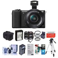 Sony Alpha A5100 Mirrorless Digital Camera with 16-50mm E-Mount Lens, Black - Bundle with Camera Case, 64GB SDXC Card, Spare Battery, Tripod, Filter Kit, Compact Charger, Software Package and More