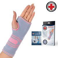 Doctor Developed Wrist & Hand Compression Sleeve/Support/Brace & Doctor Written Handbook - Palm Protector with Gel Pad, Optimum Comfort for Arthritis, Carpal Tunnel, RSI & More (Pink/Grey, Small)